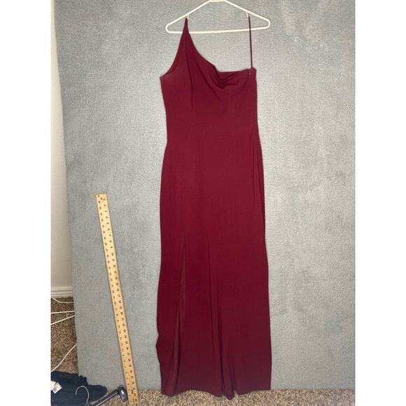 Dress The Population maroon Amy one shoulder crepe gown bridesmaid side slit M - Picture 5 of 13